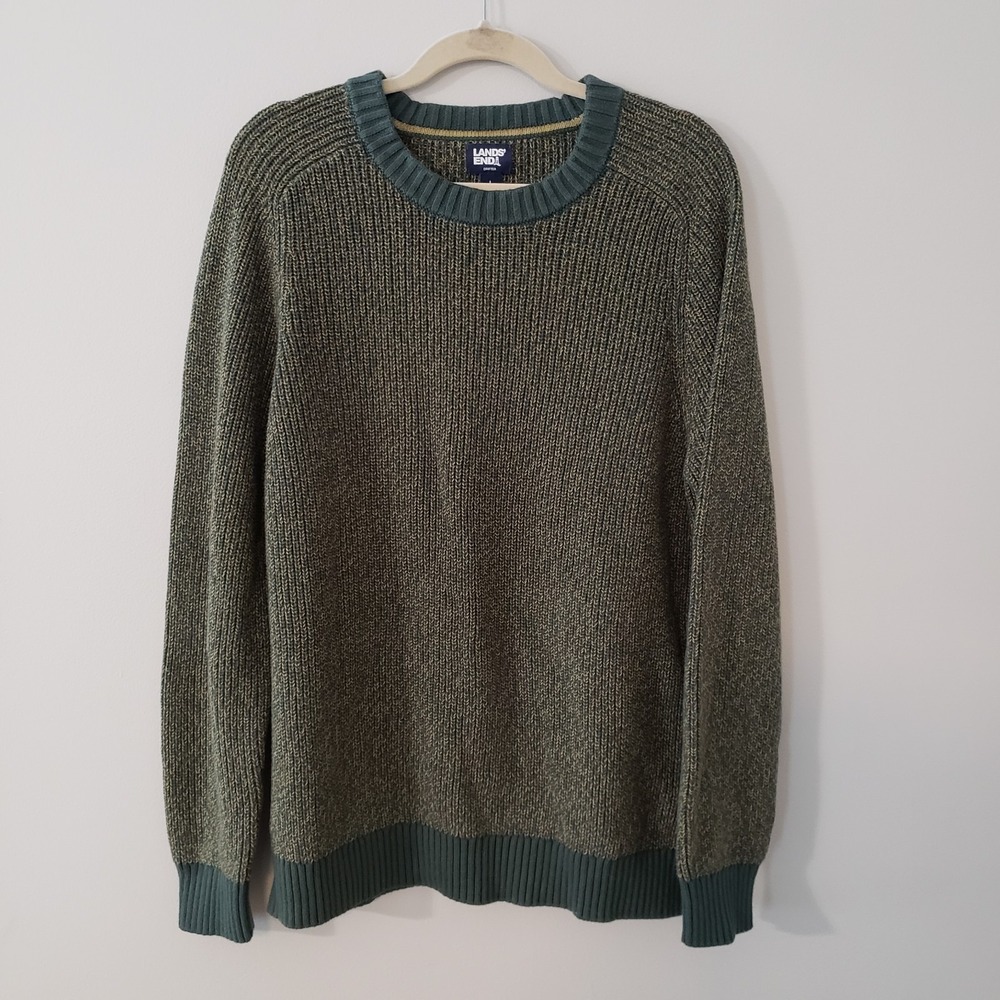 Lands End Mens Chunky Drifter Sweater Large Fisherman Pullover Crew Neck Cotton